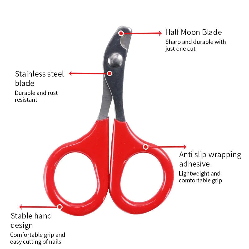 Stainless steel pet nail clippers with plastic and rubber handle for trimming cat and dog claws