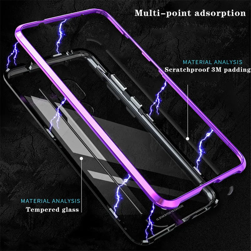 Black magnetic metal phone case with tempered glass back for Huawei P30 phone