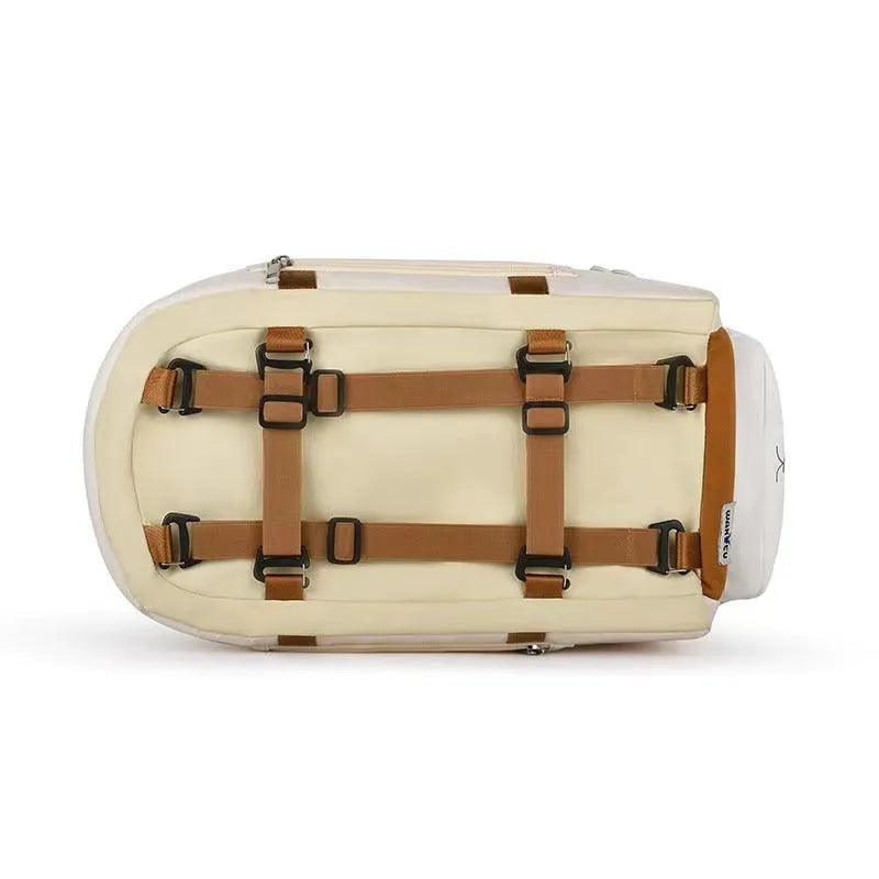 Hard-sided beige pet carrier with one shoulder strap, dimensions 43x25x22.5cm for pets to 15kg