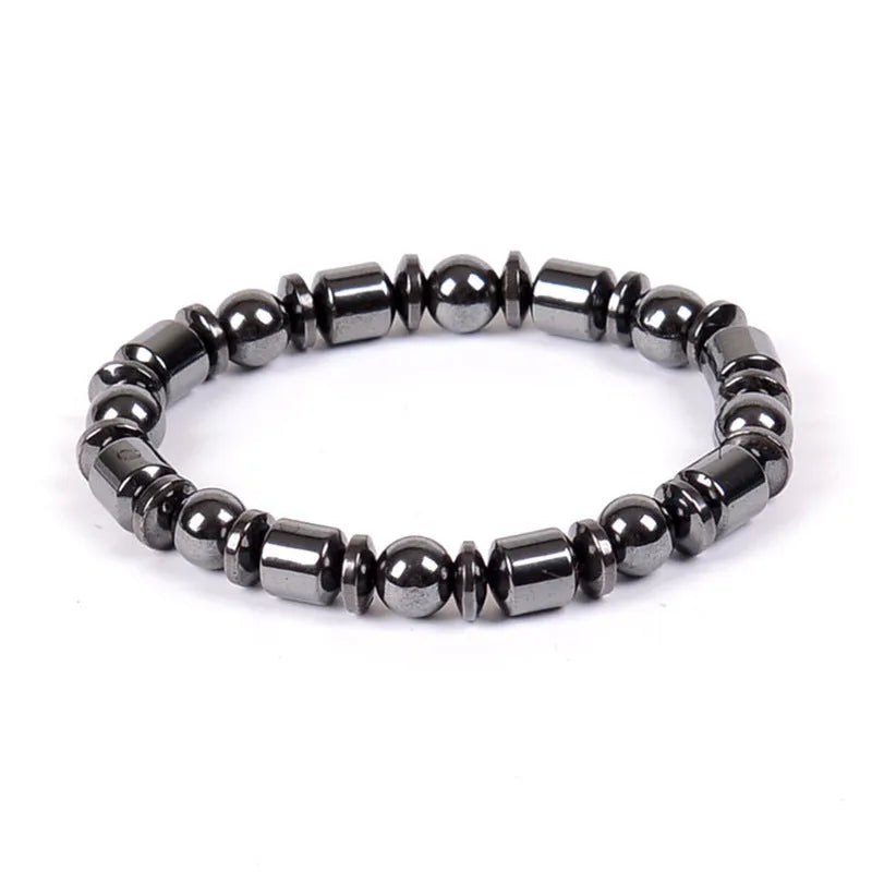 Black stretch bracelet with a pentagram design made from magnetite and hematite stones.