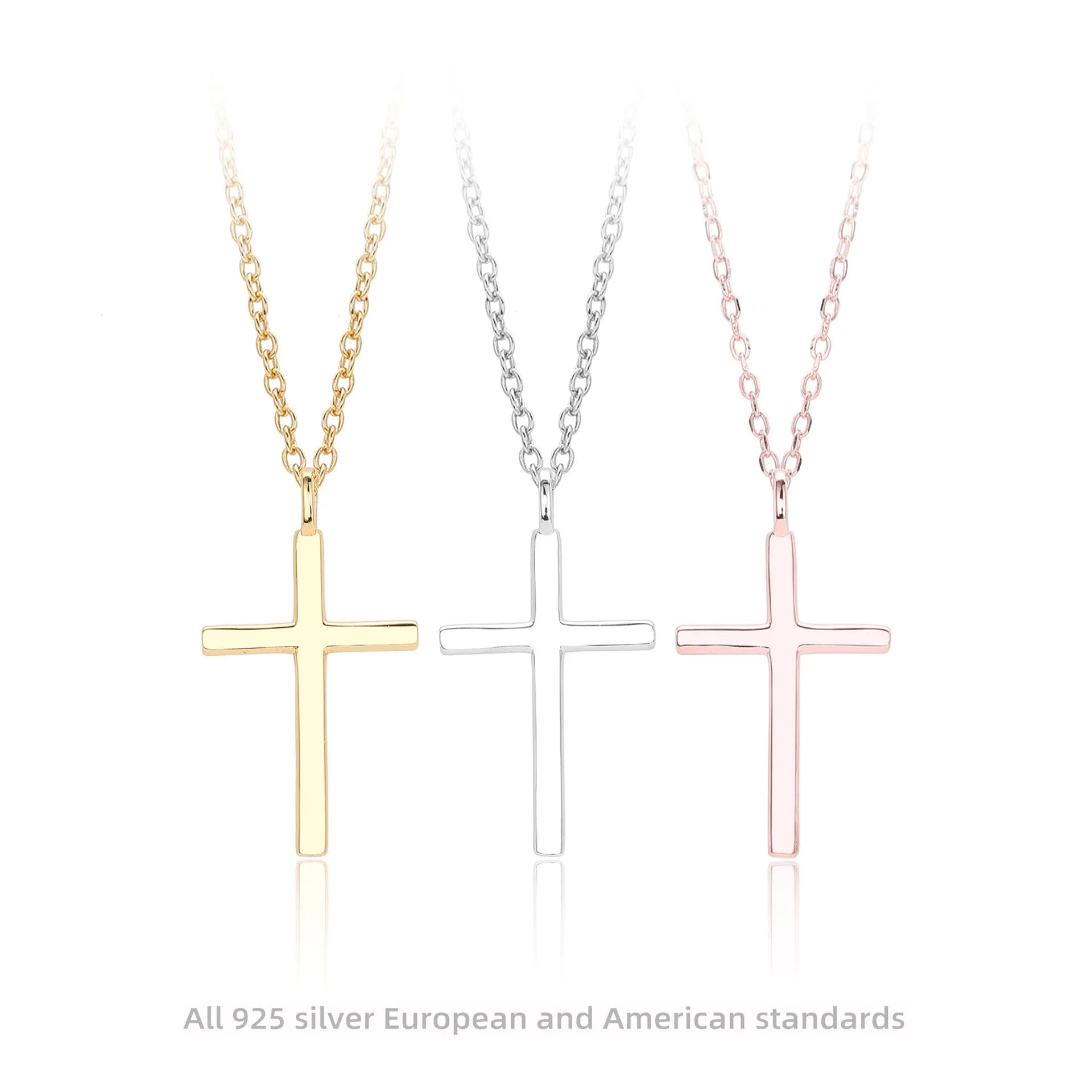 Sterling silver necklace with glossy cross pendant on O-shaped chain, adjustable length