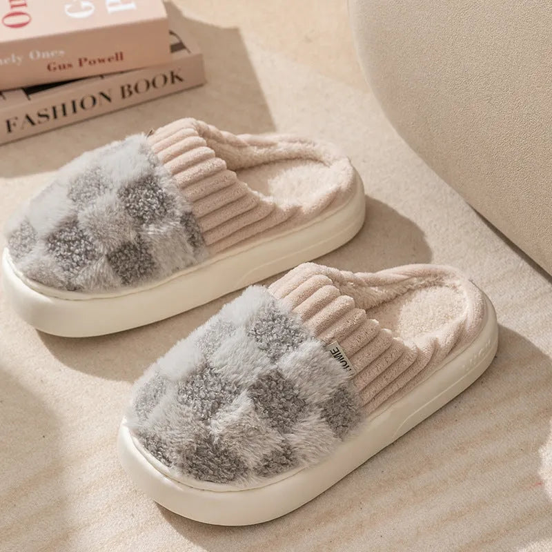 Women's plaid plush indoor slippers with anti-slip sole in multiple colour options