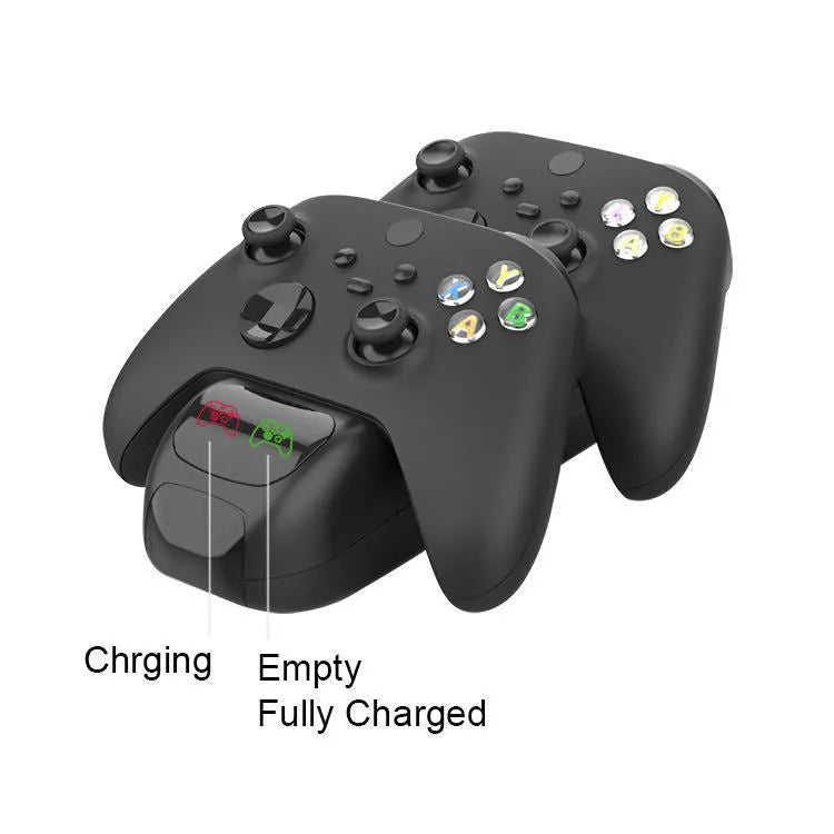 Black Xbox SX dual controller charging station with two controllers docked and LED lights visible