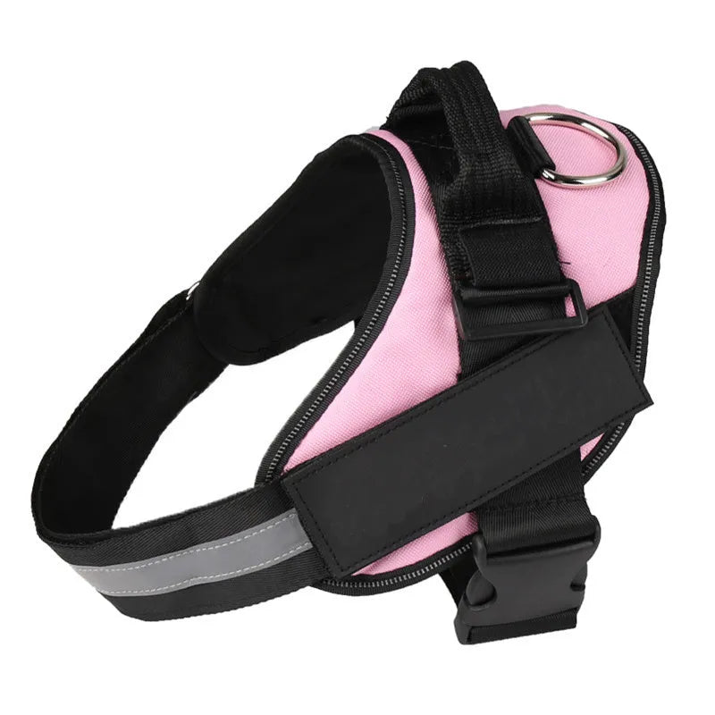A reflective adjustable dog harness vest shown on a dog, with a handle and D-ring for leash attachment.