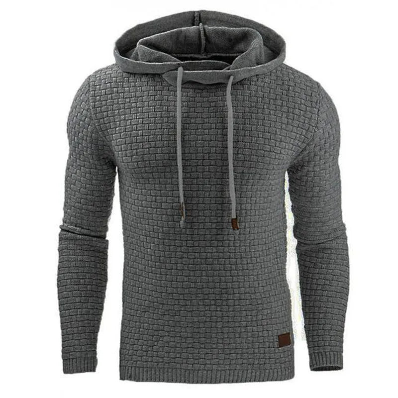 Men's black hoodie sweater made from cotton and polyester blend fabric.