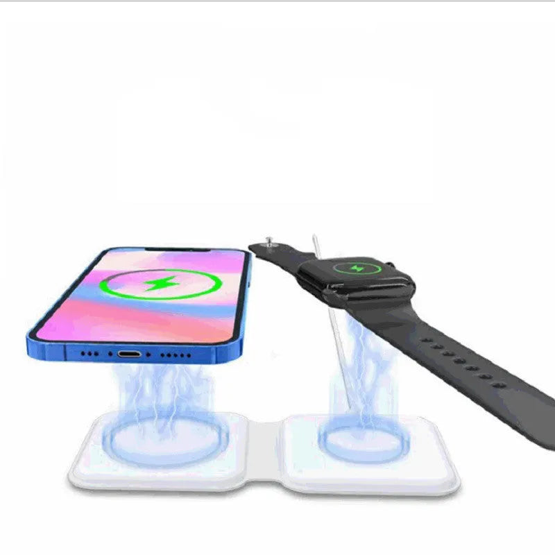White 2 in 1 magnetic wireless charging dock with foldable design and dual charging surfaces