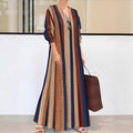 Camel coloured vertical striped V-neck dress with A-line skirt and long sleeves