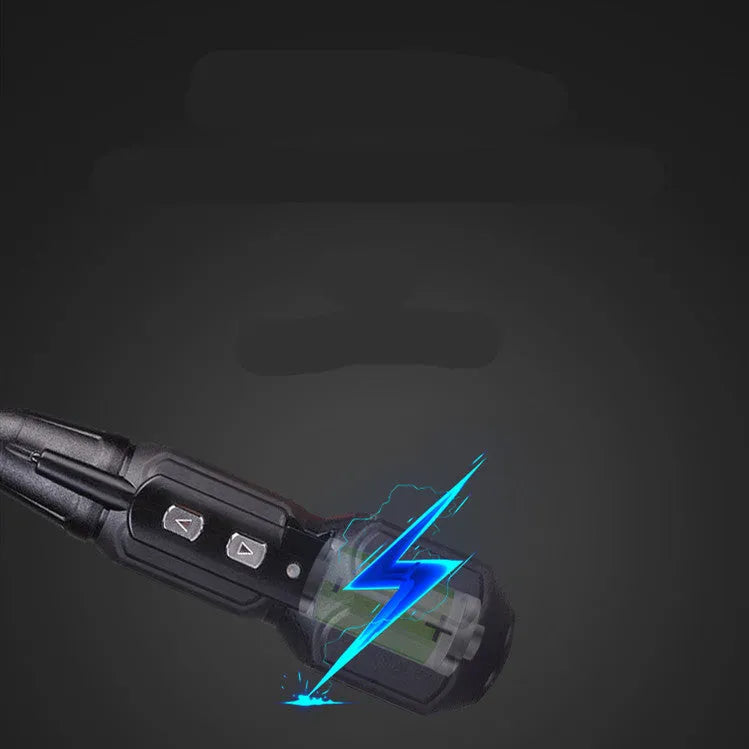 Black and blue alloy steel straight handle 36V electric screwdriver on a workbench.