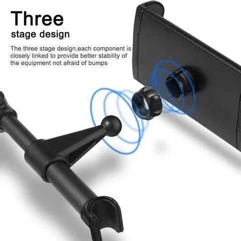 Black car phone holder mounted on vehicle rear seat for universal phone and tablet compatibility