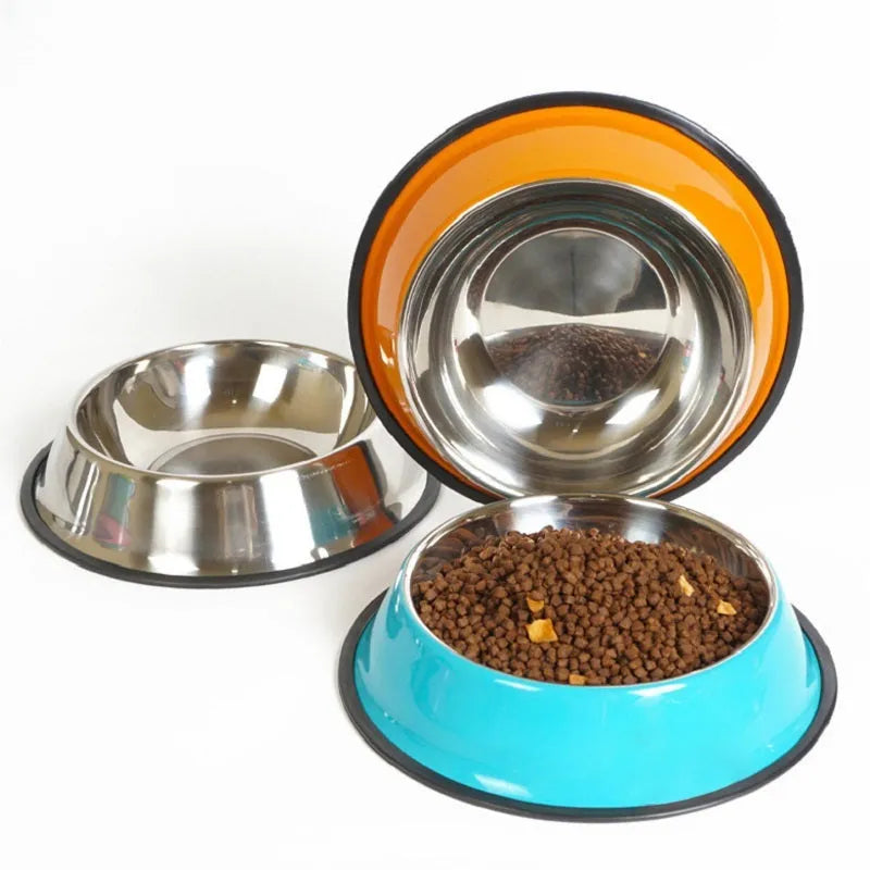 Stainless steel pet bowl inside colourful melamine pot with non-slip base