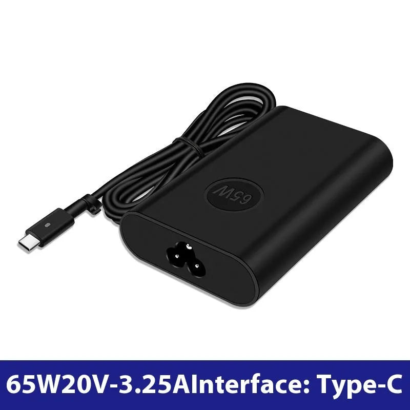 Black 65W Type-C laptop power adapter with multiple international power cords for UK US EU AU and ZA plugs.
