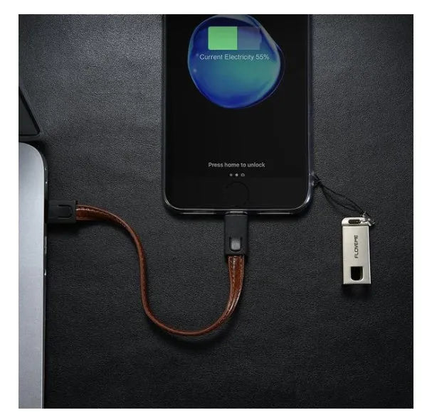 Leather wrapped iPhone charging cable with zinc alloy connector showing 20cm length
