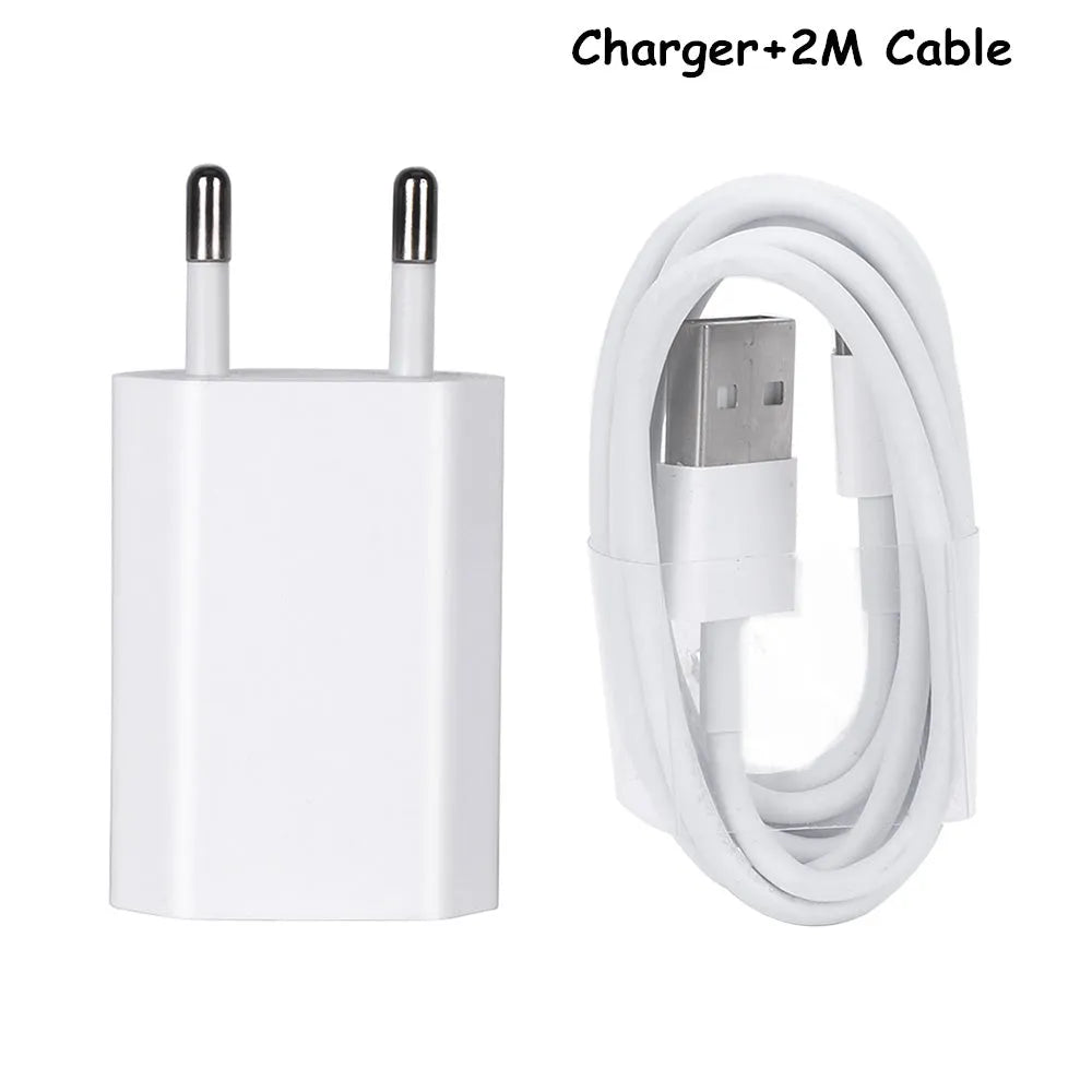 White 5V 2A USB wall charger and cable compatible with iPhone 5 6 X and iPad Air Mini