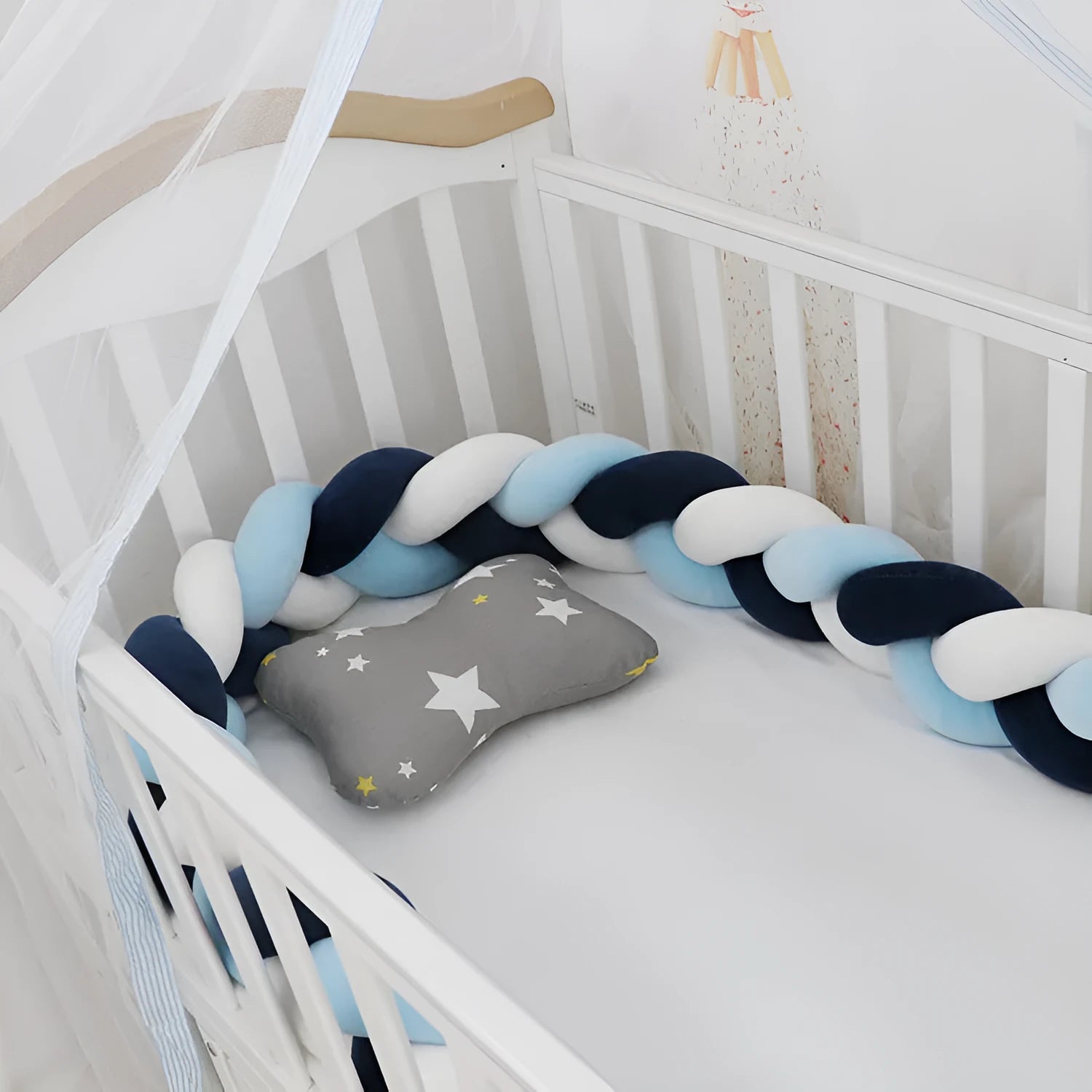 Soft spandex velvet baby crib bumper protector shown in a light grey colour, shaped around white crib bars.