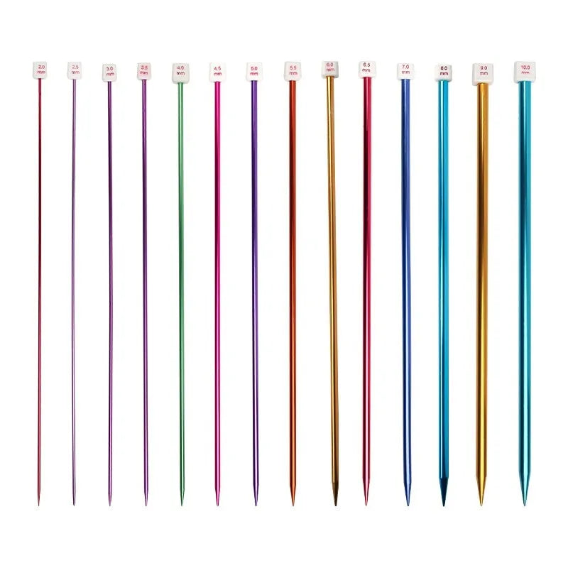 Set of lengthened crochet hooks in various sizes from 2.0mm to 10.0mm, each with a protective end cap.