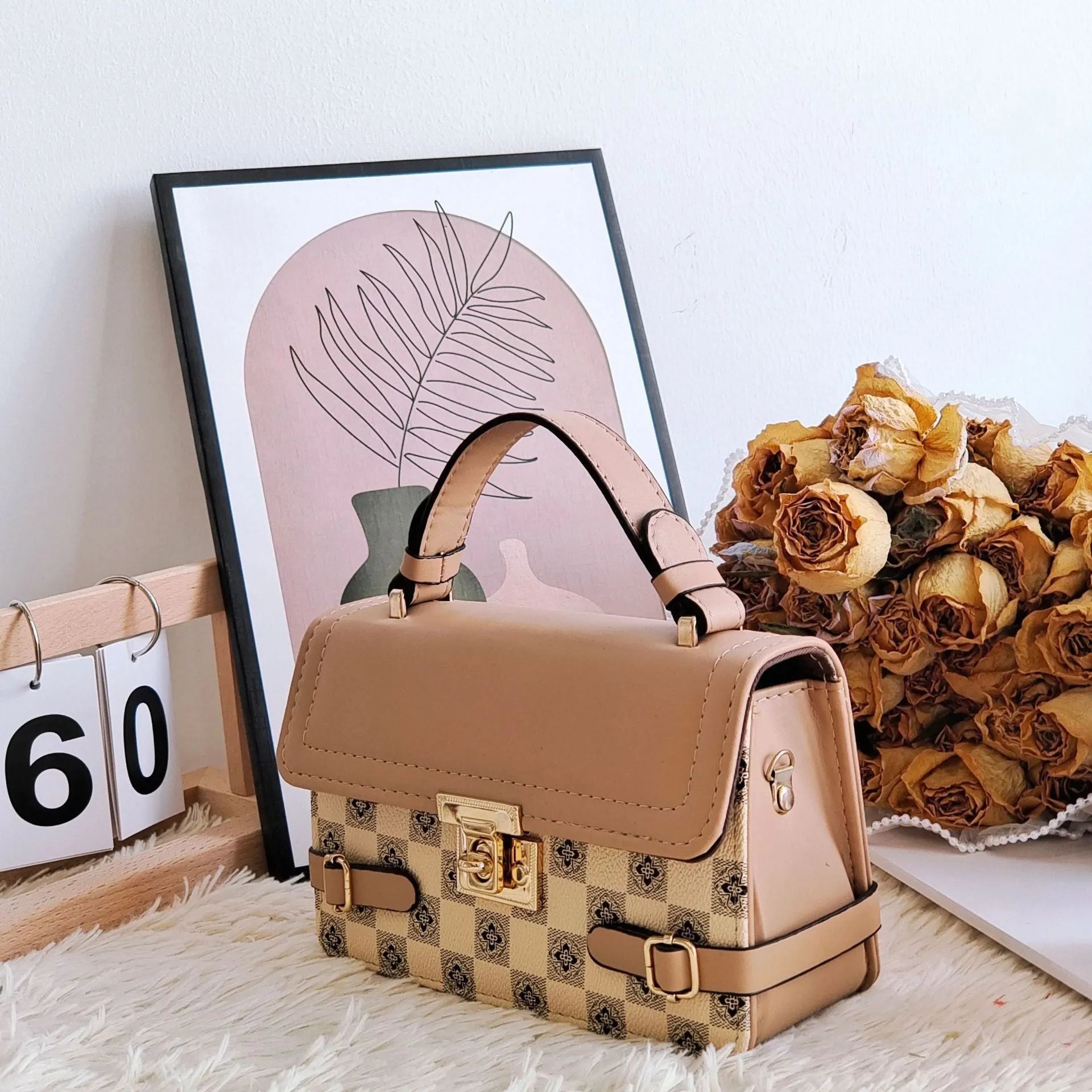 Retro small square ethnic pattern crossbody bag in apricot colour with floral stitching