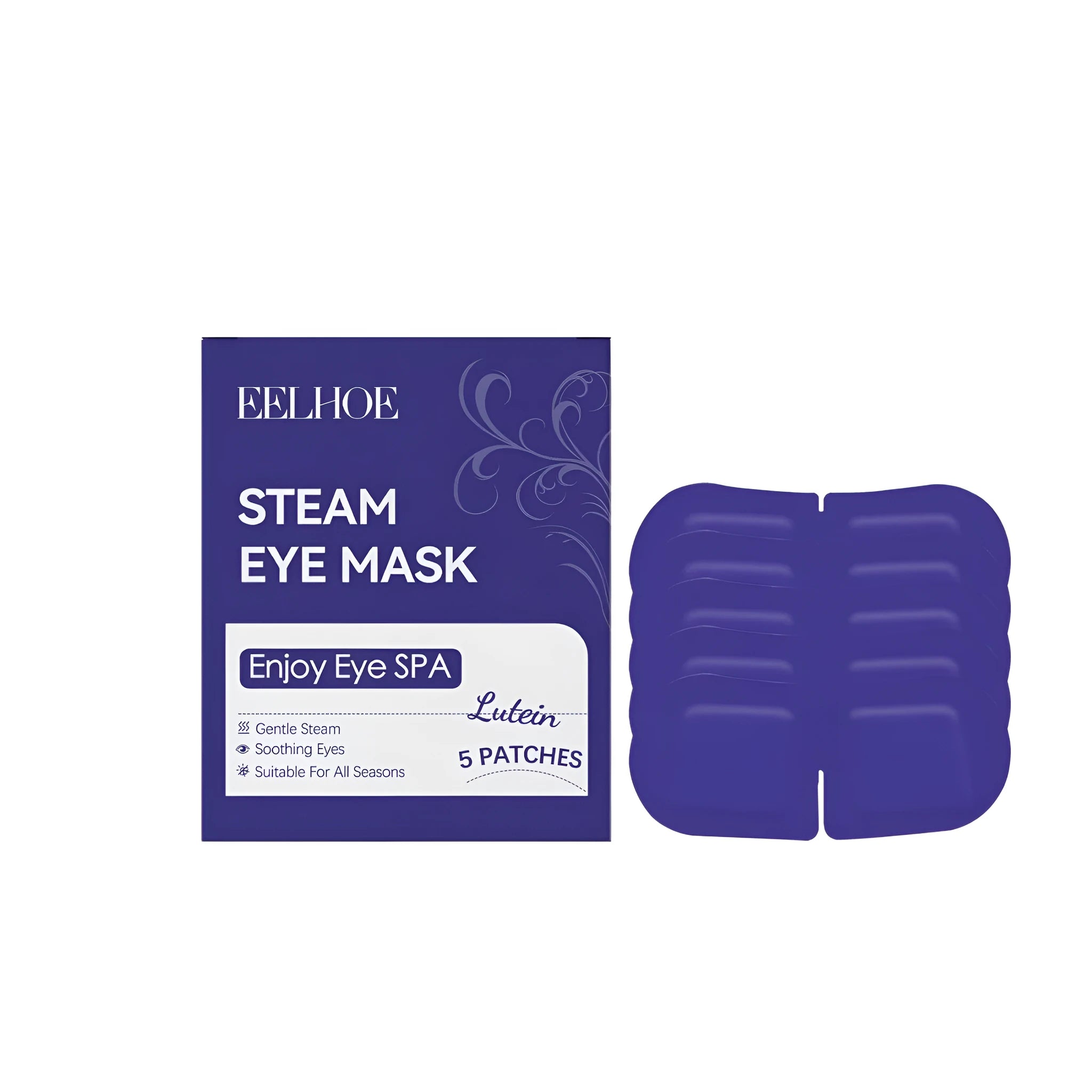 Pack of five lutein steam eye masks for self-heating eye care and relaxation.