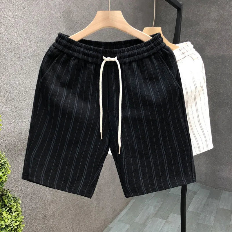 Men's black and white striped fleece-lined casual shorts with a double-layer waistband.