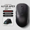 AJ159 gaming mouse in yunfeng white on a desk, showing compact size and Teflon foot pads