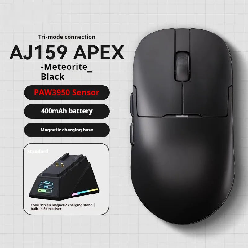 AJ159 gaming mouse in yunfeng white on a desk, showing compact size and Teflon foot pads