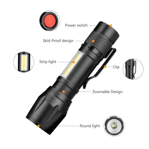 Black aluminium alloy telescopic LED torch with clip, showing extended and retracted zoom positions