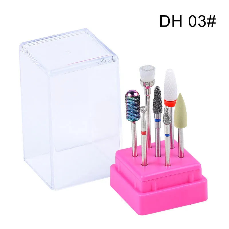 Tungsten steel nail art drill bit set with six bits, one brush, in a clear case.