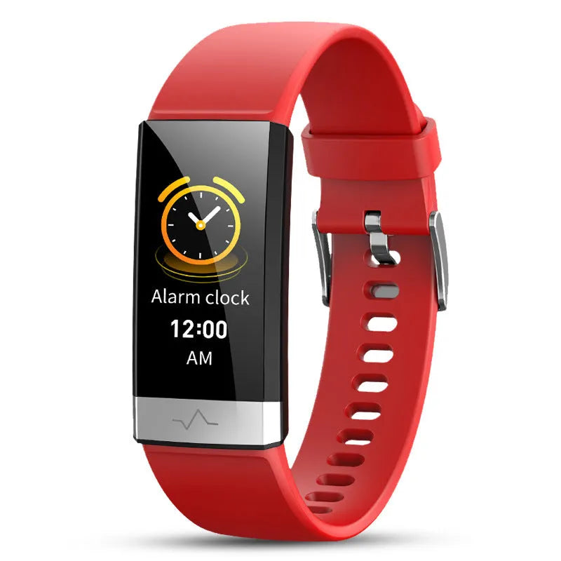 V19 smart health bracelet in black on wrist showing display with ECG, SpO2, and heart rate data.