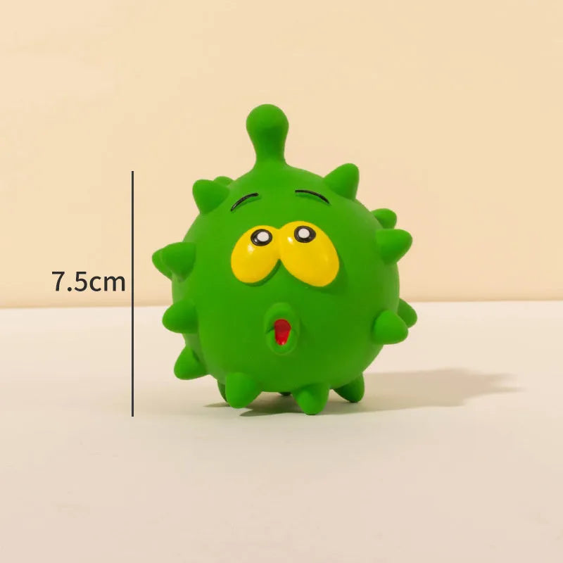 Four coloured natural latex squeaky dog balls with cute faces, each measuring 7.5cm