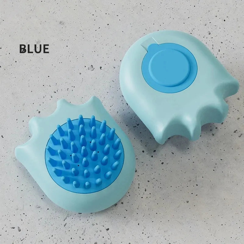 Blue pet bath brush with integrated shampoo box measuring 9cm long with massage comb bristles for dogs and cats