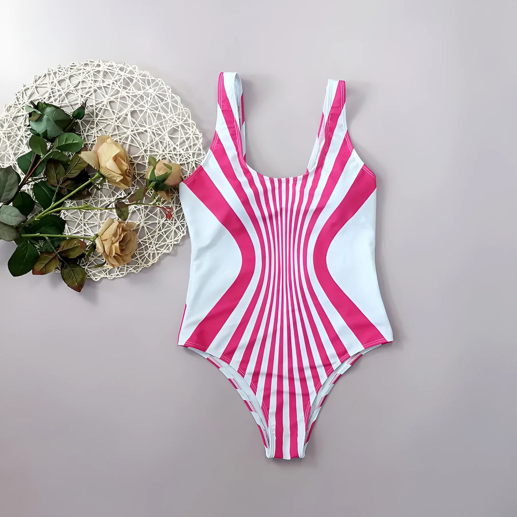 Pink striped one-piece swimsuit for women with front and rear digital printing.