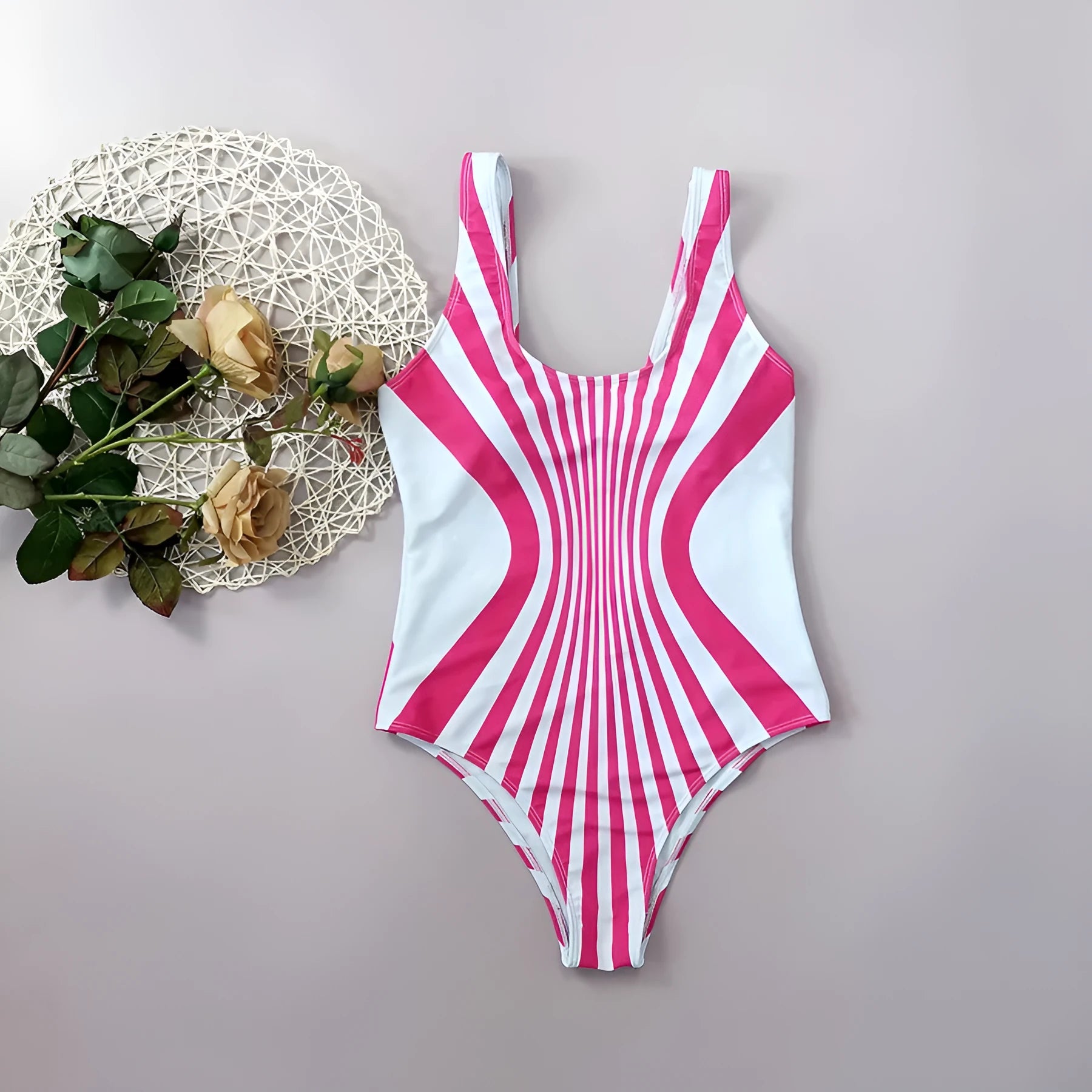 Pink striped one-piece swimsuit for women with front and rear digital printing.