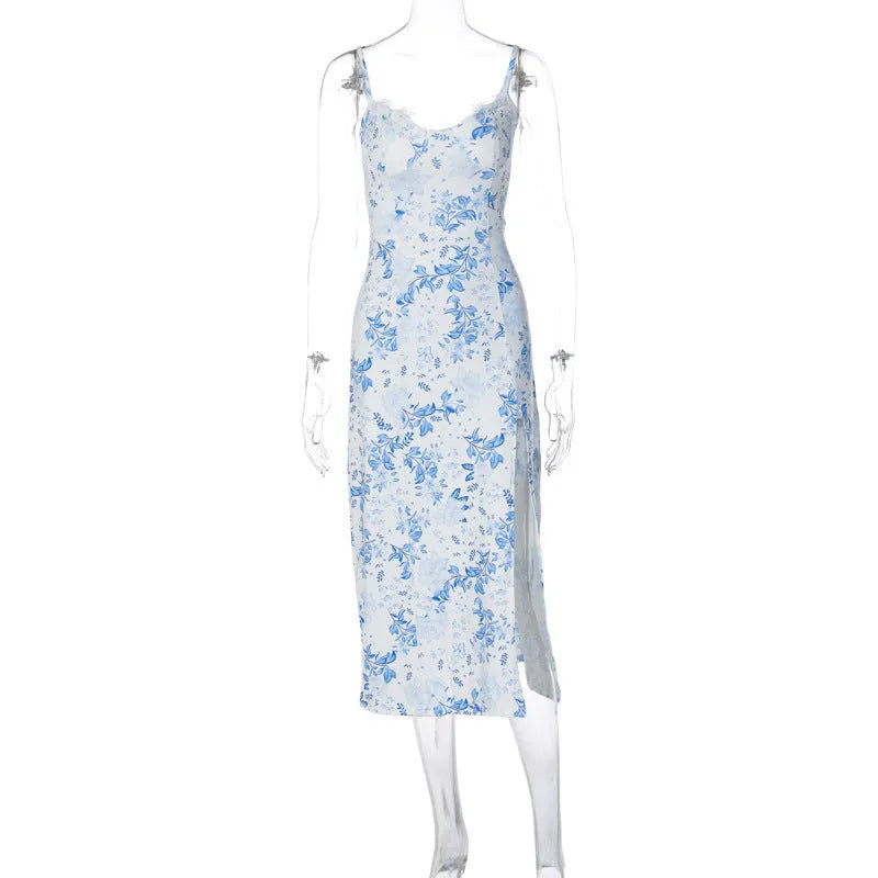 Women's long dress with lace flowers print, slit detail, and suspender straps in solid colour