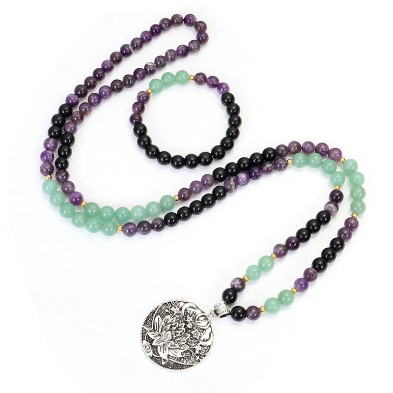 Yoga lotus pendant necklace with stone beads and matching bracelet set