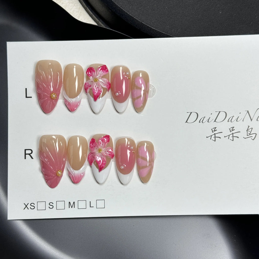 French style lily and ice flower three-dimensional plastic artificial nails in almond shape