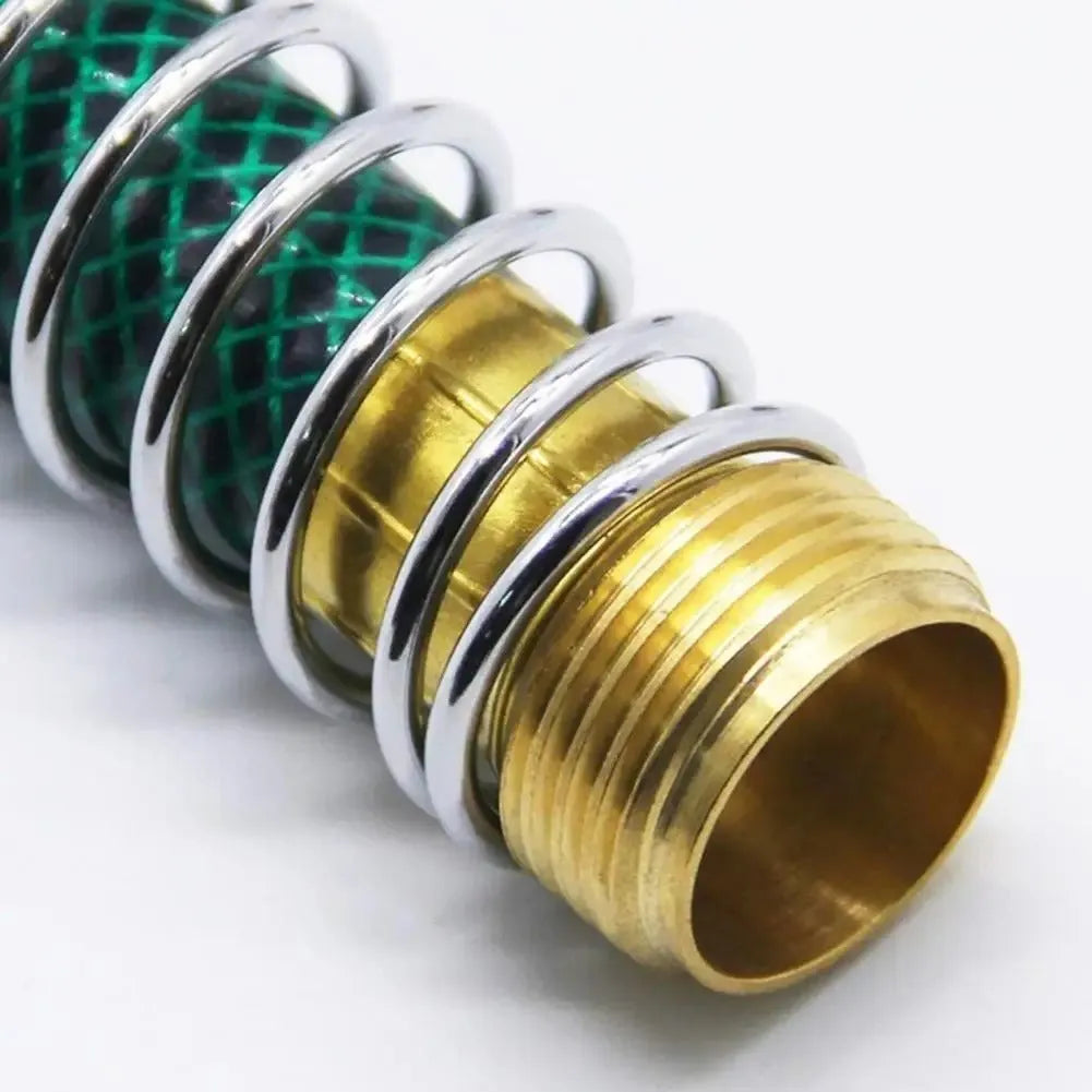 Brass garden hose connector with spring mechanism for preventing kinks