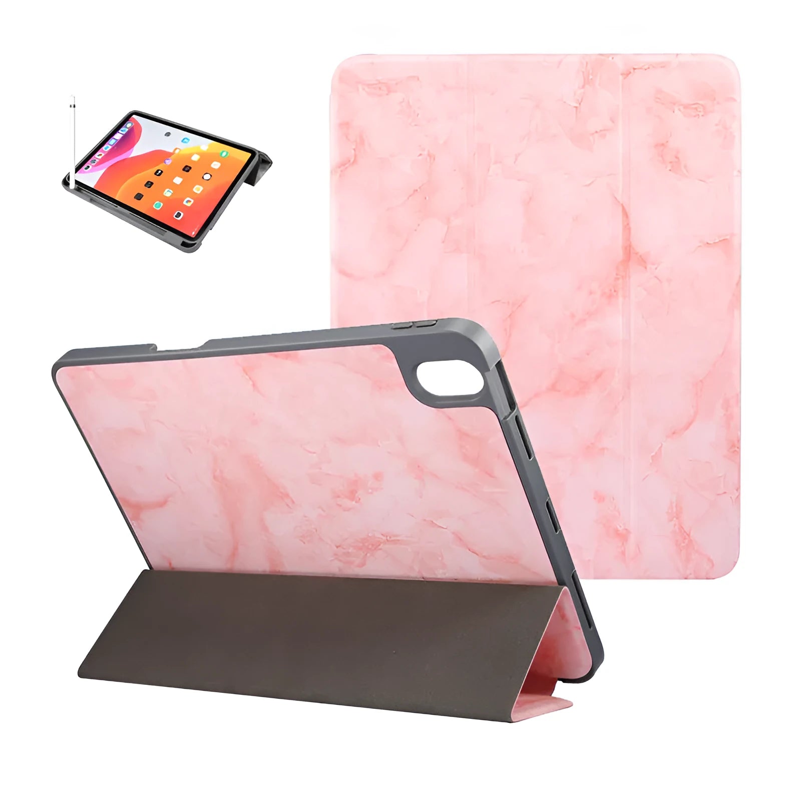 iPad tri-fold marbling leather case with pen slot in dark grey colour