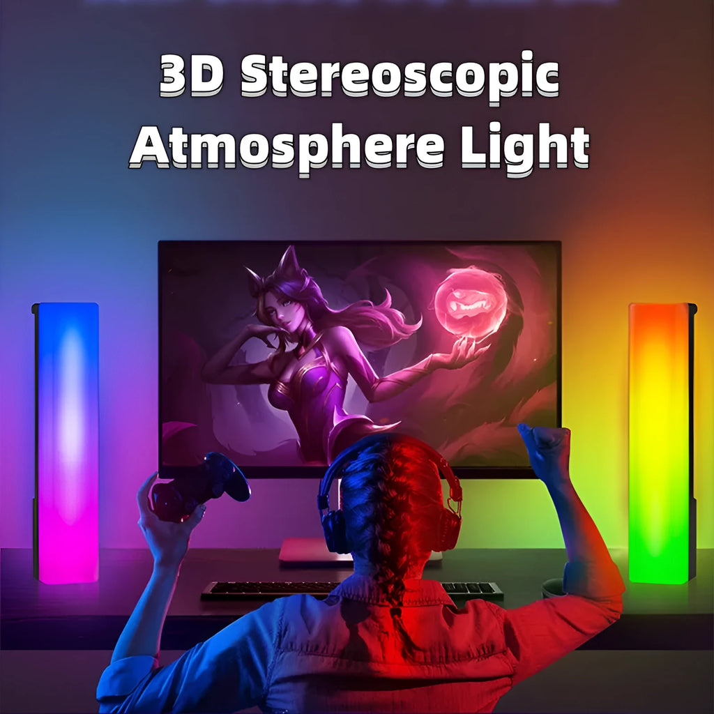 Black and white 3D RGB tabletop ambiance lamp with voice-activated rhythm lights for gaming and decor.