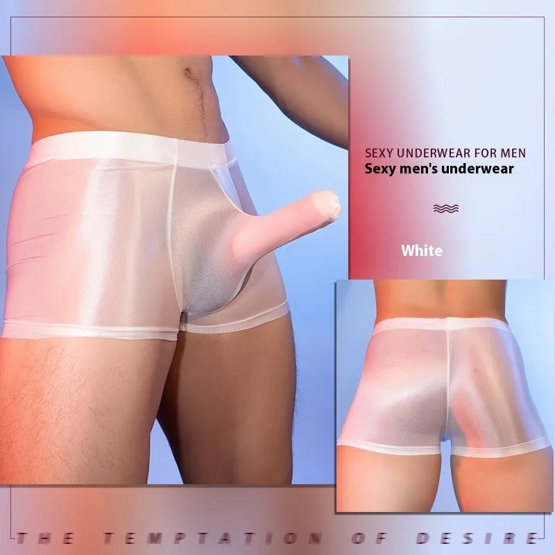 Men's red nylon boxer shorts with mid waist and seamless design on a white background.
