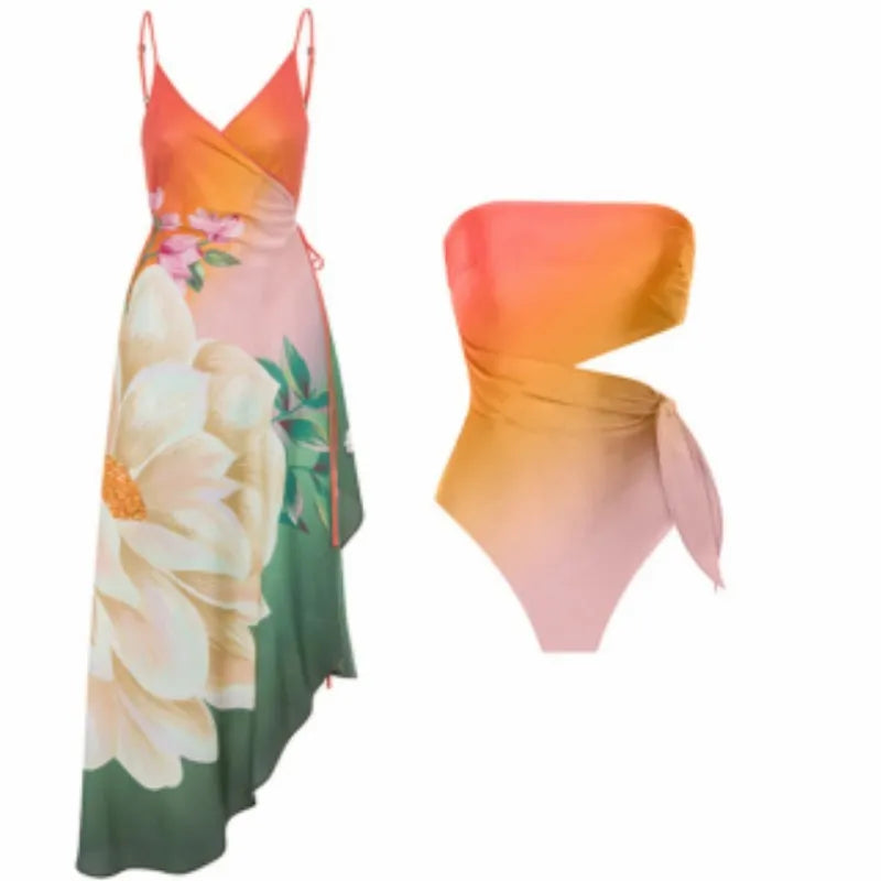 Women's retro print one-piece swimsuit in quick-drying polyester fabric.