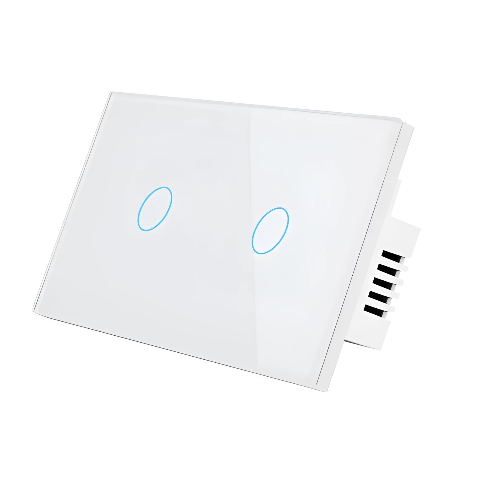 White two-gang RF touch light switch with tempered glass panel shown front on.