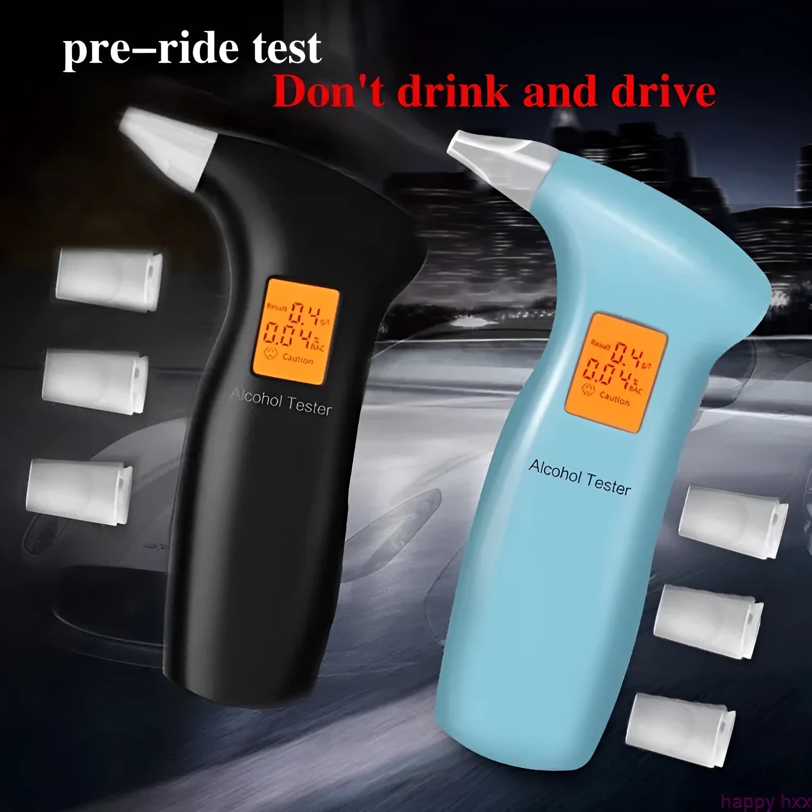 Portable orange breath alcohol tester with replaceable mouthpieces for driver safety