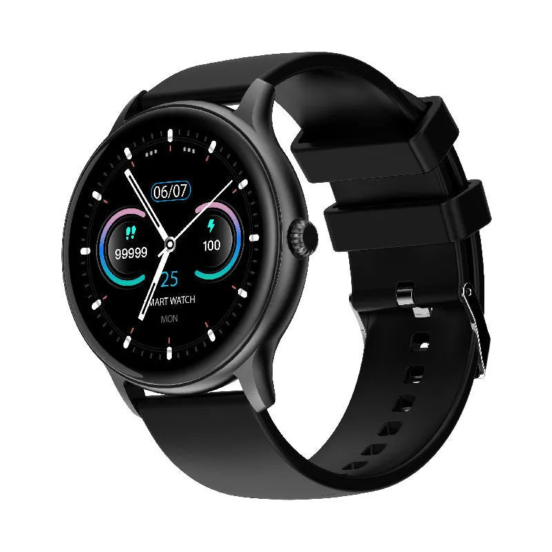 Black blood pressure smart watch with 1.28-inch touch screen display on silicone wristband