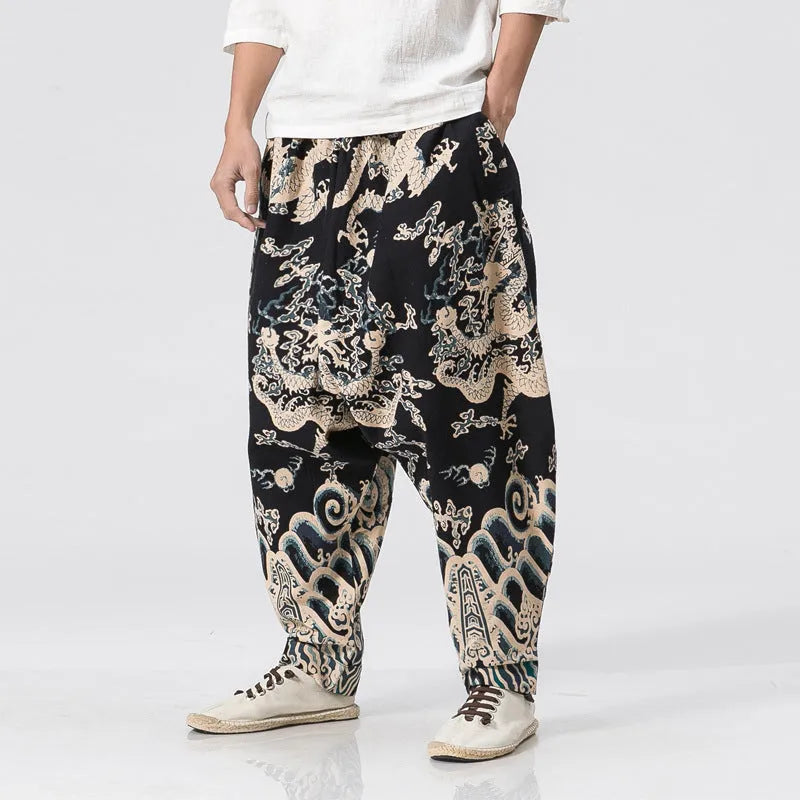 Men's dragon print harem pants with elastic waist and loose fit in multiple sizes from M to 3XL