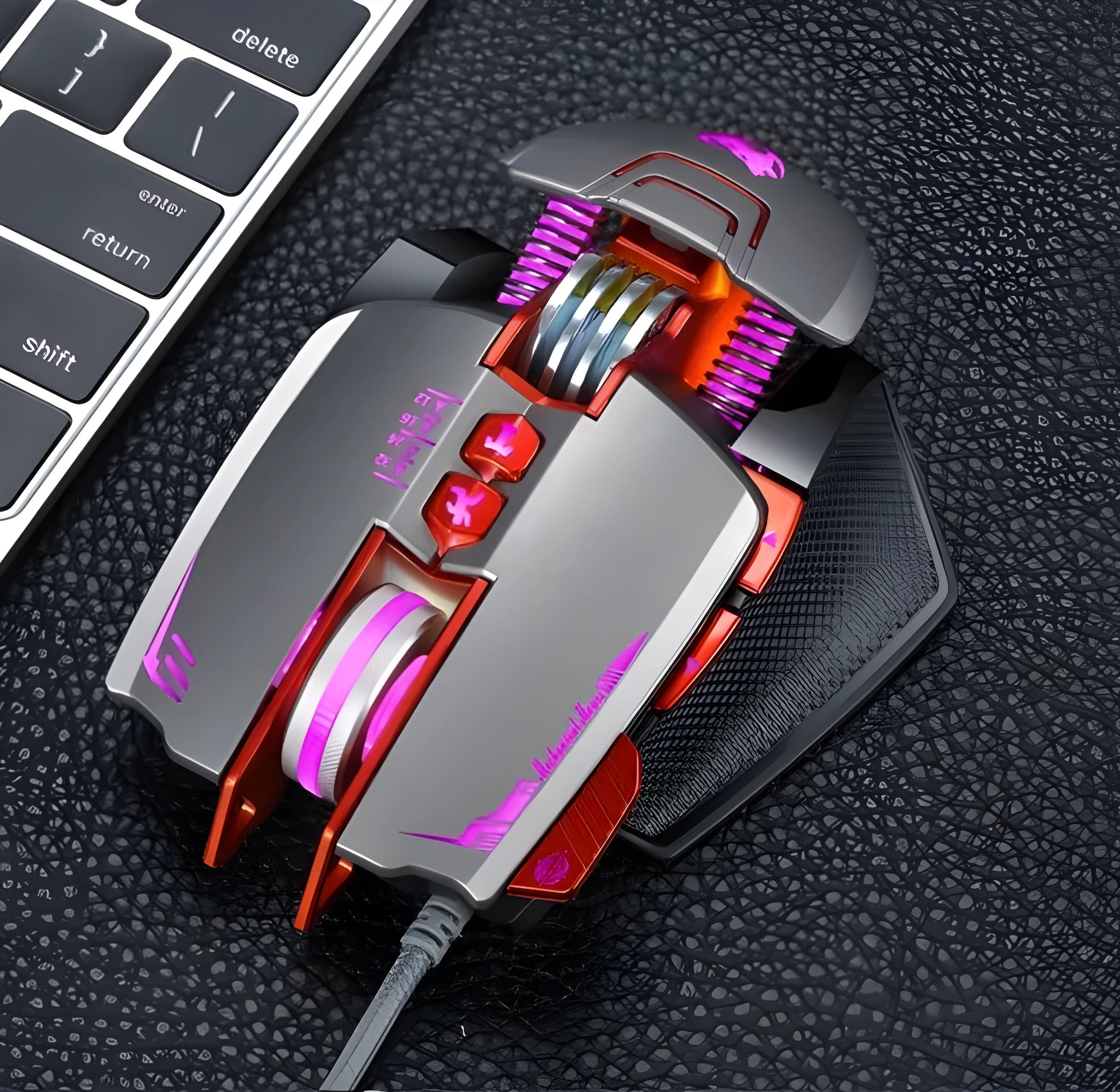 Thunder Wolf V9 black wired gaming mouse with six buttons and USB cable on a mouse mat