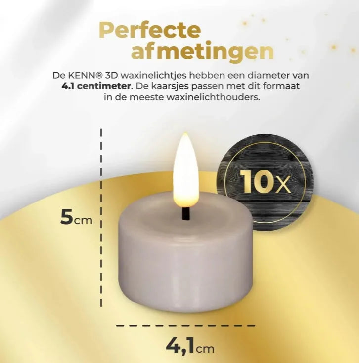 S10 3D flame LED tealight candle in taupe colour showing realistic flickering light effect
