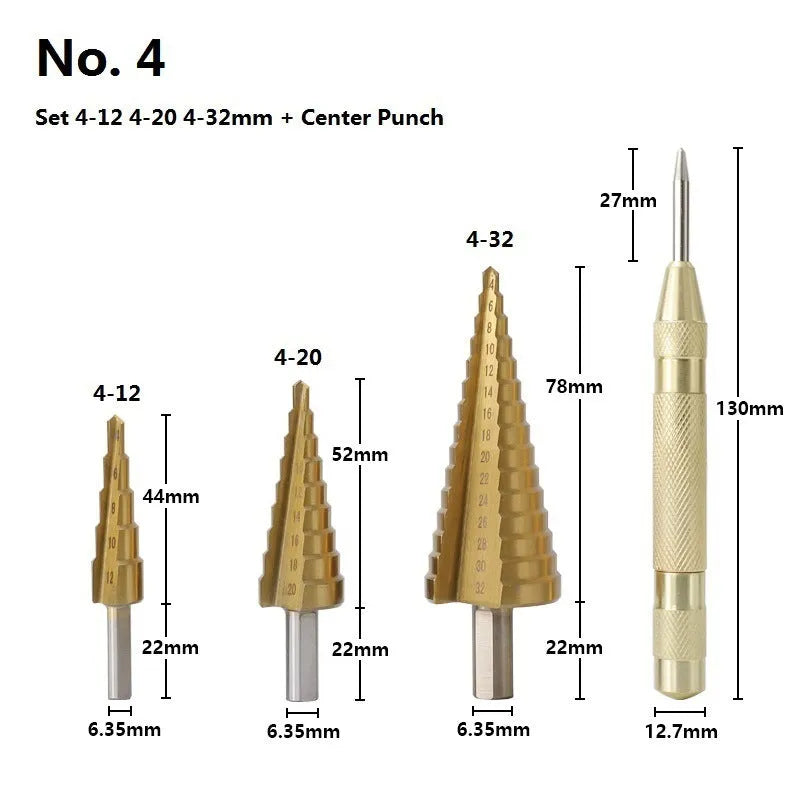 High speed steel step drill bits and centre punch set for metal drilling