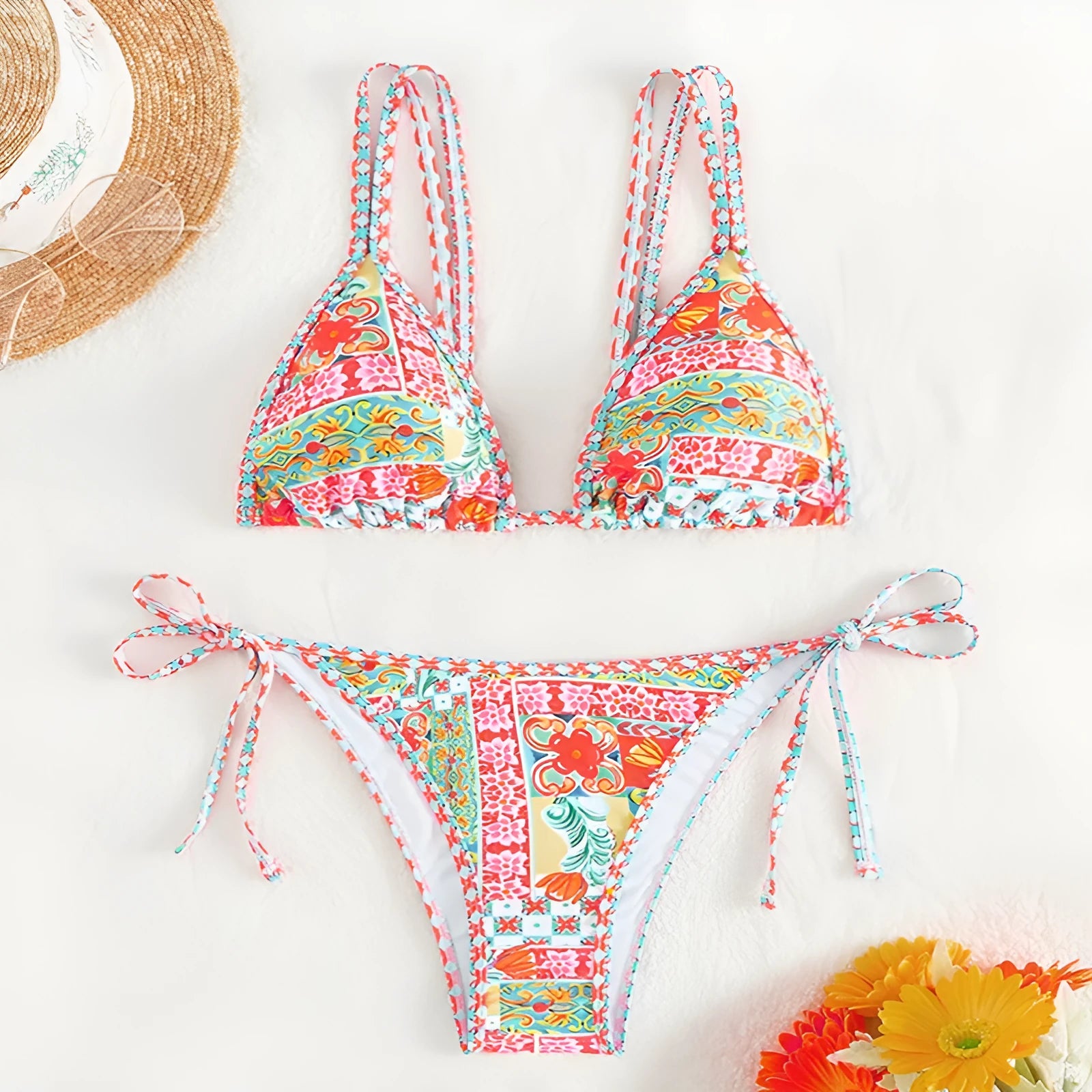 Women's lace-up halter neck bikini set with backless design, in picture colour.