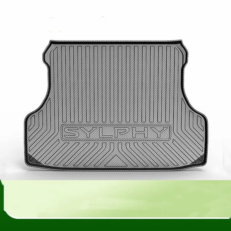 Black car trunk protection pad with a textured carbon fibre pattern, made from TPE material.