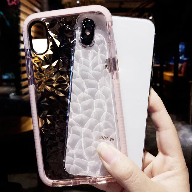 TPU striped back cover phone case for iPhone, shown in pink edge, white edge, and black border colour options.