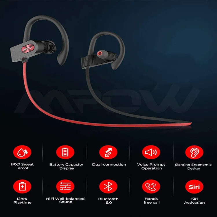 Flame2 red hanging ear Bluetooth wireless headset shown from the side